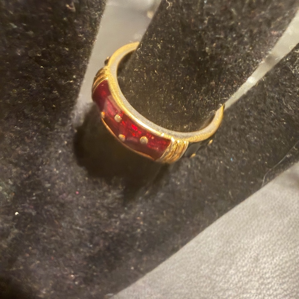 Vintage Stamped Joan Rivers Gold and Black and Red Enamel  Ring with Dot Design
